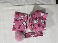 Hello Kitty Pink Coin Pouch  Mini Cosmetic Bag Set Wristlet Pom Pom Keychain