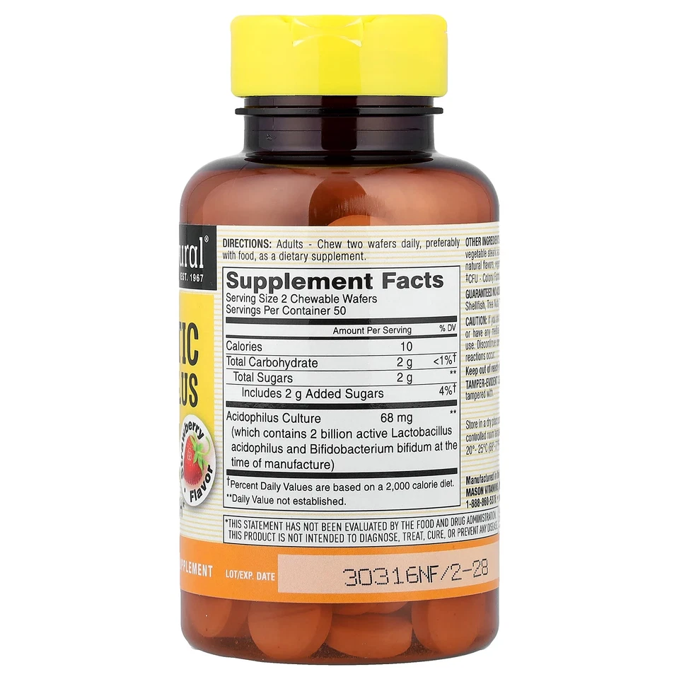 Probiótico masticable Acidophilus y Bifidus, fresa, 2 mil millones de UFC, 100 obleas Foto 2 de 3