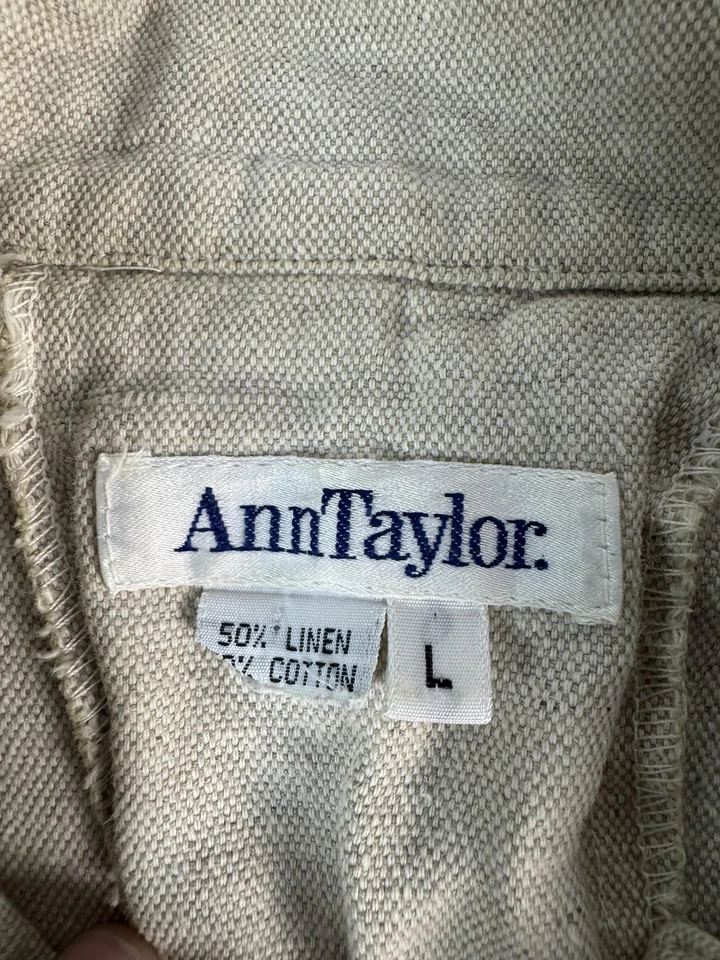 Jaqueta Ann Taylor Feminina Grande Bege Linho Algodão Safari Utilitário Botão Frontal - Imagem 2 de 4