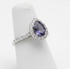 Sterling Silver Tanzanite Ring Pear Halo Engagement 925 Hallmark Size K-S