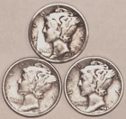 (3) Mercury Dimes - Very Fine - 1942S 1943 1944 - #3996ED FREE SHIPPING