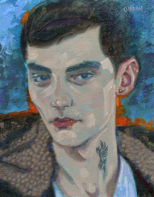 ORIGINAL OIL PAINTING, TATTOOED MAN, listed artist NR!