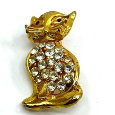 Vintage Gold Tone Rhinestone Cat Brooch Red Eye Cat Pin Retro Mid Century Style
