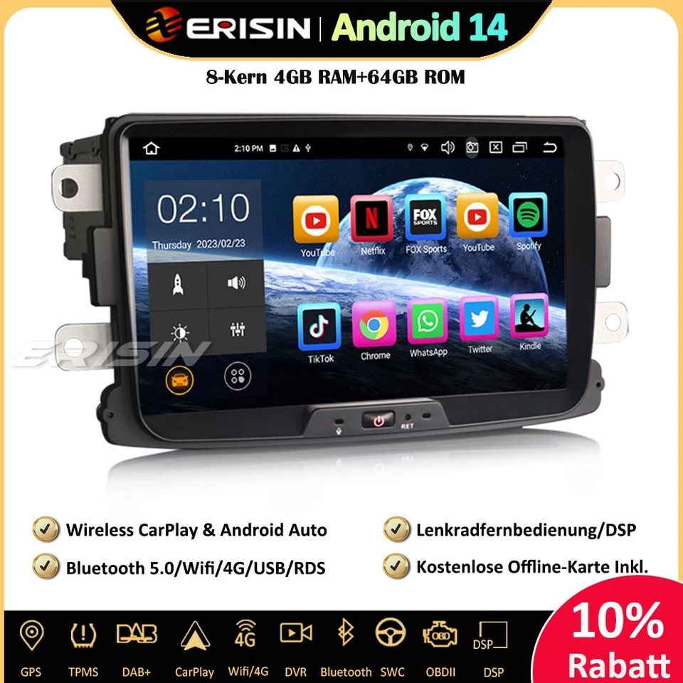 64G DAB+CarPlay Android 14 Autoradio GPS Renault Dacia Duster Logan Dokker Lodgy - Bild 1 von 4