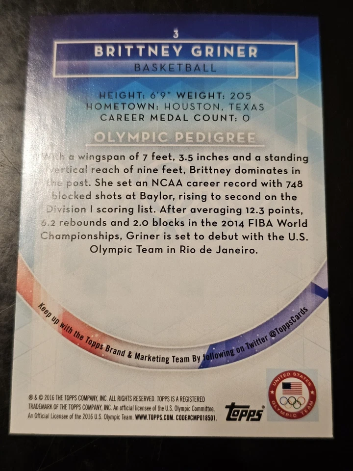 Brittney Griner 2016 Topps US Olympics Bronze #3 Basketball - Image 2 of 2