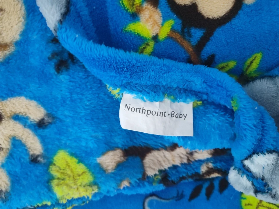 Northpoint 婴儿蓝色丛林野生动物园毯 htf 软羊毛狮子 猴子 大象 — 第 3/4 张图片