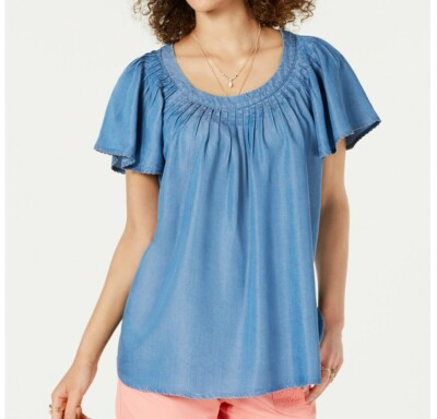 #ad Style amp; Co Womens XS Sun Wash Blue Pleated Neck Short Sleeve Denim Top RETAG $3.60