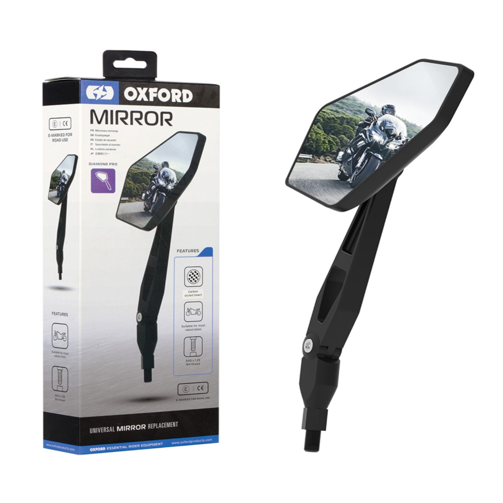 Oxford Motorcycle Mirror Diamond Universal Motorbike 10mm RH Thread E-Marked