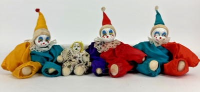 Beanie Sand Clown Doll Hand Painted Porcelain Face Lot of 4