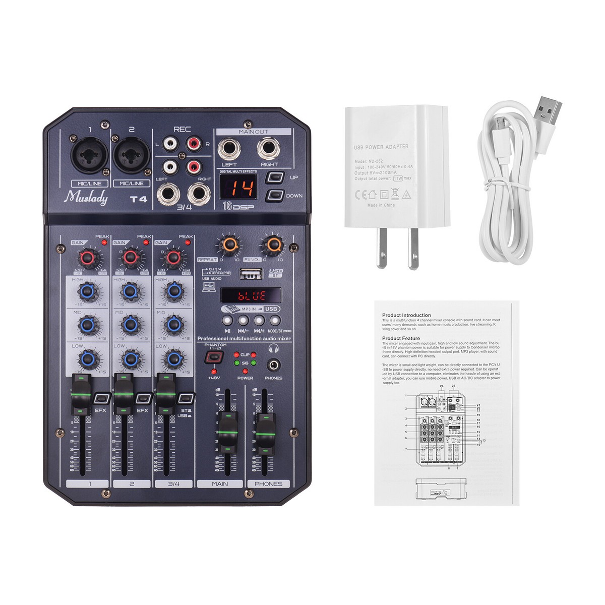 Muslady Portable 4-Channel Sound Card Mixing Console Audio Mixer