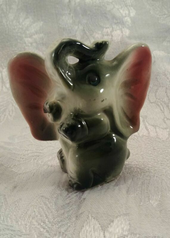 Vintage Elephant Salt or Pepper Shaker Grey Pink Ceramic Single 3" cork