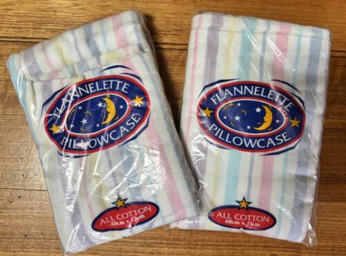 Pretty! Pair Vintage Flannelette Candy Stripe Pillowcases Pillow Case - As New - Picture 1 of 1