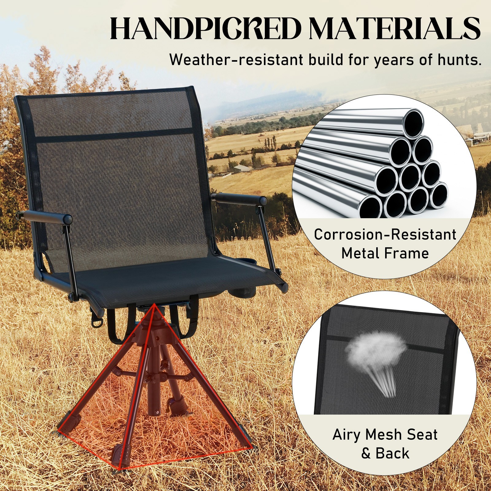 Danrelax 360° Silent Swivel Hunting Chair, Mesh Back, Adjustable Height, Folding