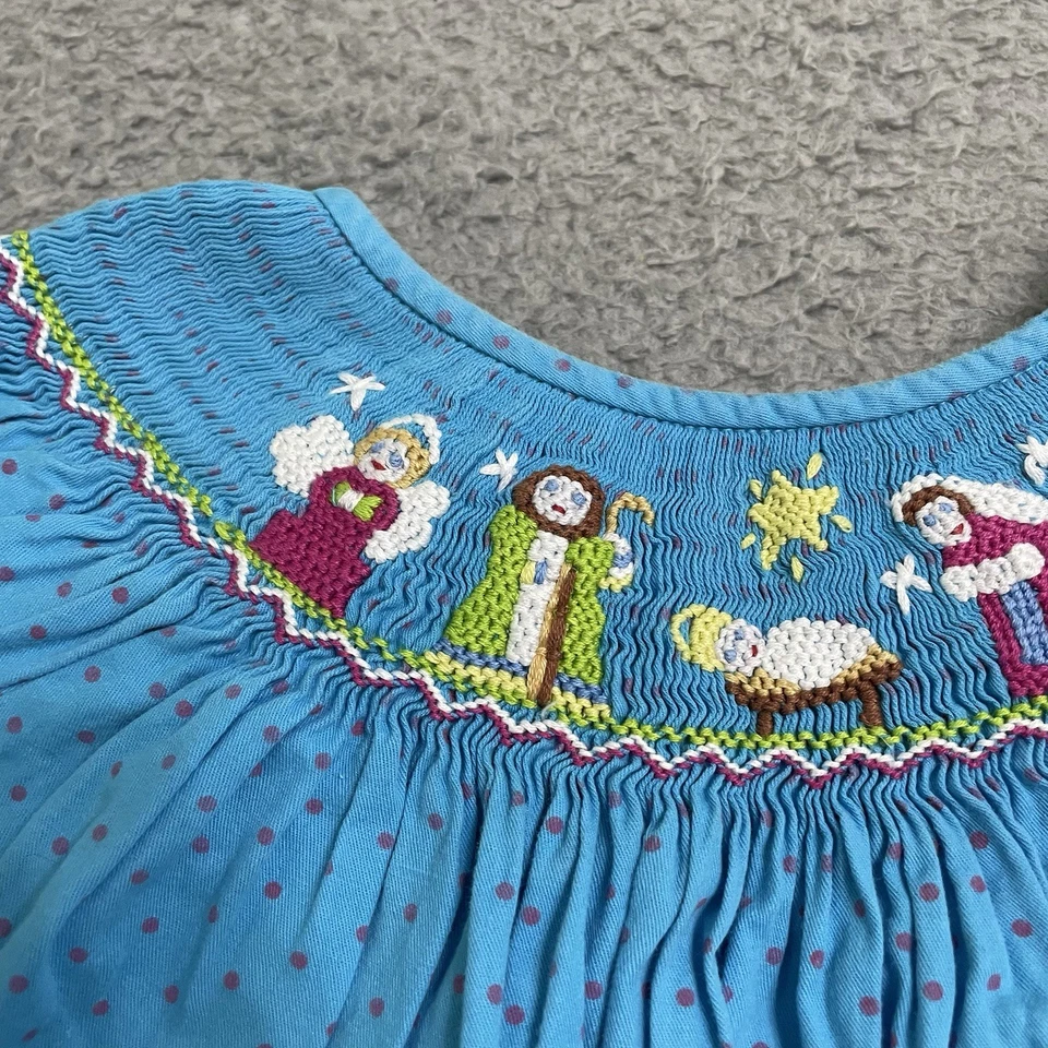 Smocked Nativity Scene Christmas Bishop Dress Size 3T Jesus Angel Blue Pink - Image 2 of 4