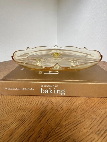 1930s Lancaster Petal Depression Glass Cake Plate – Topaz Yellow, 3-Footed, 10”D