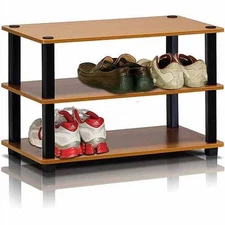 3-Tier Turn-S-Tube No-tools Durable Shoe Rack, Plastic and Wood, Brown and Black