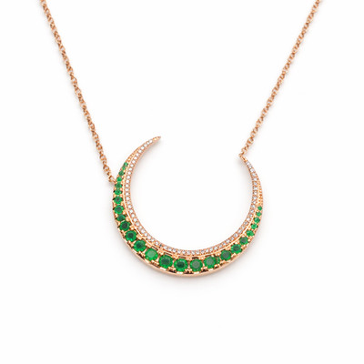 14K Rose Gold Emerald & Diamond Crescent Moon Necklace 16-18'' Adjustable C2