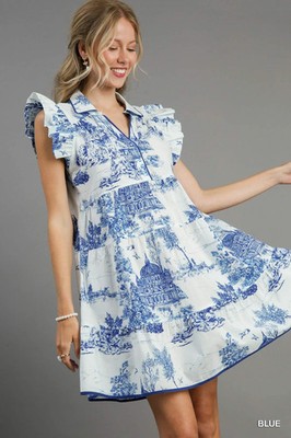 Blue Umgee Two Tone Landscape Print Mini Dress w/Ruffle Sleeves Contrast Piping