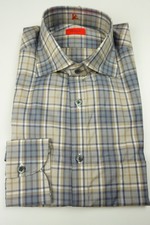 Isaia Napoli Blue Brown White Plaid Long Sleeve Cotton Shirt 15.5/39 NEW