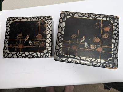 2 Vintage Japanese Black Lacquered Wooden Boxes Some Chipped Paint No Keys...