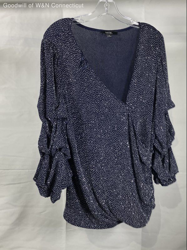 MSK Women's Navy Blue Glitter Ruffled Sleeve Metallic V-Neck Blouse Size XL