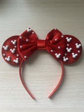 Red Velvet Mouse Ears Headband with Bow and White Bead Details Hair Bow