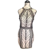 Minuet Black and Nude  Beige Sequin Halter Neck Sheath Mini Dress Size M
