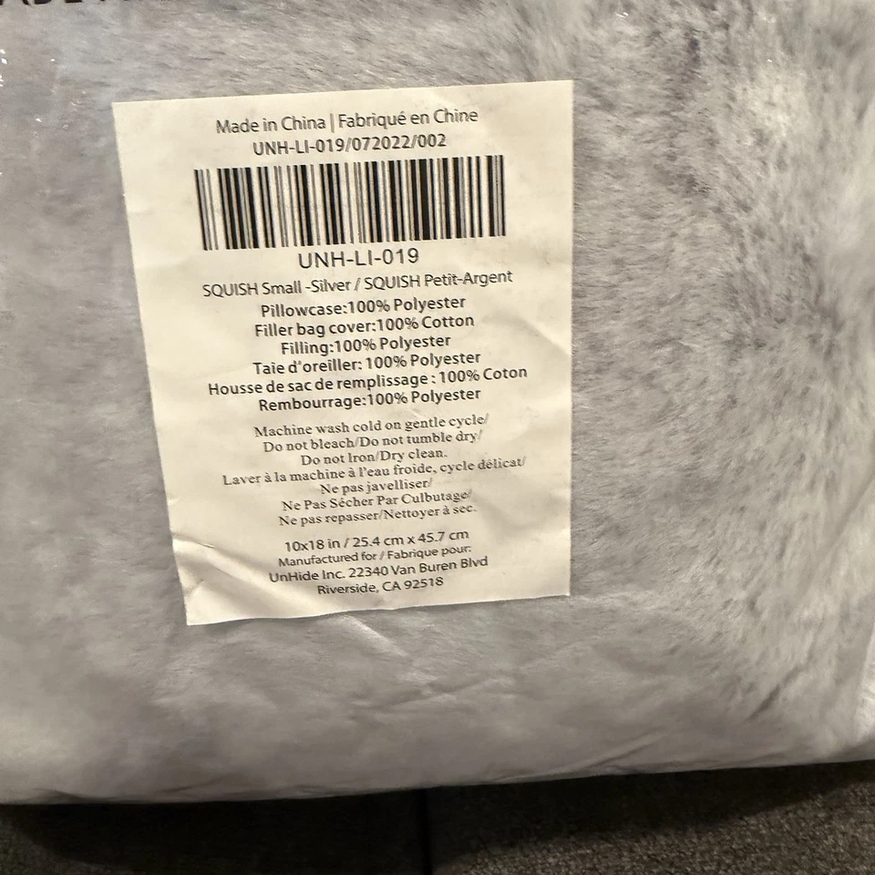 UnHide SQUISH Small Faux Fur Pillow 10x18 Silver Ultra Soft Decorative Cushion - Image 4 of 4