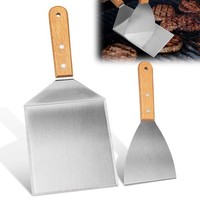 2 StüCk Burger Set Edelstahl Grillspachtel Holzgriff Grillwender Pfannenwender