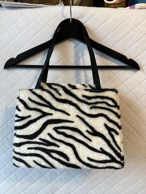 Black Zebra Print Soft Faux Fur Handbag Purse Zebra Color