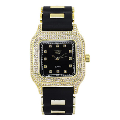 Mens Hip Hop Iced Out Square Heavy Analog Watch Silicone Band Techno Pave WR9420