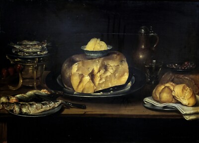 Still life with cheese, sausage, fish and bread Da Vinci Print Art Oil Painting