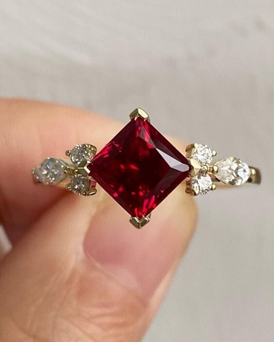 2Ct Princess Lab-Created Ruby Solitaire Engagement Ring Yellow Gold Plated - Picture 4 of 6