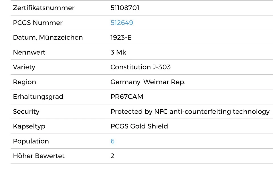 PCGS PR67 CAM 3 Mark 1923 E Germany Weimar Republic J-303 Coin Inflation Mk - Image 2 of 4