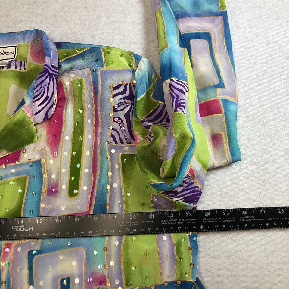 Blusa de seda para mujer Diane Gilman talla 1X colorida lentejuelas abstractas bordadas nueva con etiquetas Foto 3 de 4