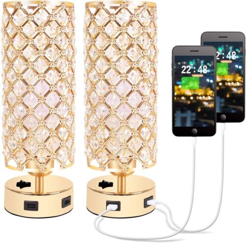 Set of 2 Crystal Table Lamps w/ Dual USB Ports Modern Desk Lamps Bedroom