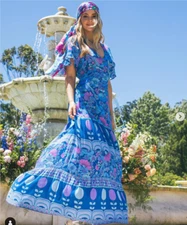 Nine Lives Bazaar Dress Size AU 10 US 6 Long Maxi Boho 70's Short Sleeve