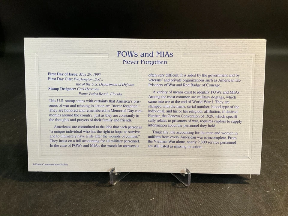 1995 PCS POWs and MIAs Never Forgotten 32¢ FDC 22K Gold Stamp Replica - Image 3 of 3