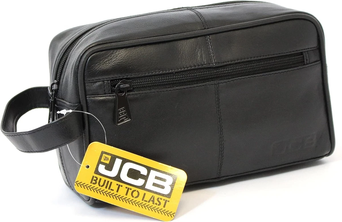 JCB Black Genuine Leather Travel Wash Bag Zipped Travel Bags for Men Trave