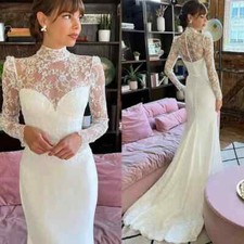 Mermaid Wedding Dresses Illusion Long Sleeves Satin Bridal Gowns Court Train