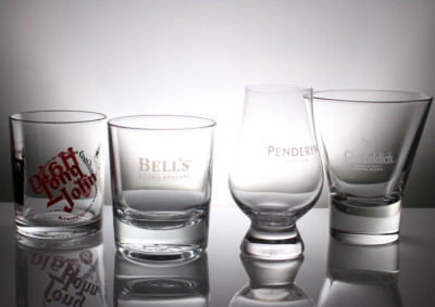Set of 4 Whisky Tumbler Glasses Bell's Glenfiddich Haig Penderyn