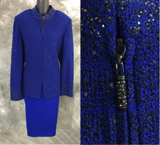 BEAUTIFUL St John evening knit blue black embellished jacket skirt suit 12 14