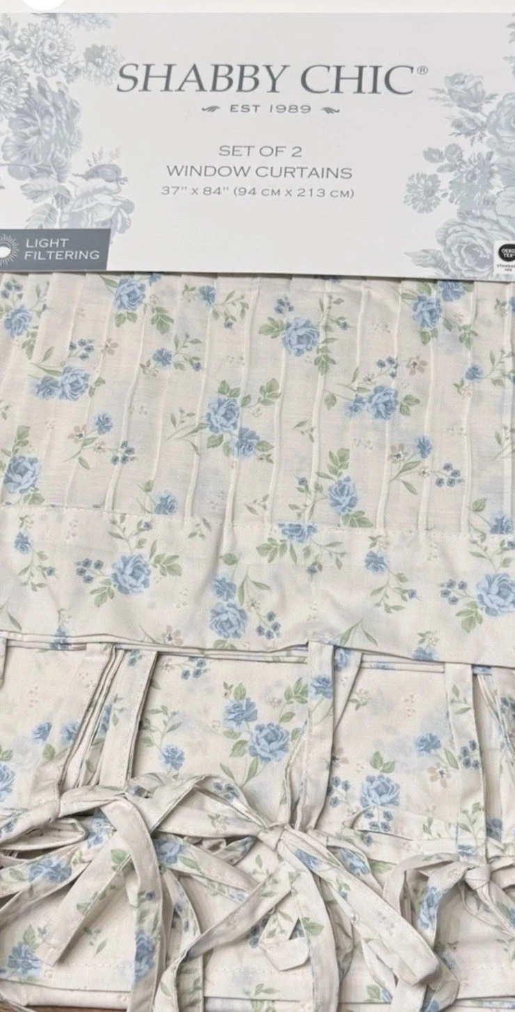 SHABBY CHIC 2 Panel Set Curtains Blue Roses Floral Farm Cottage 37x84” NEW