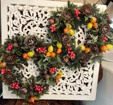 Vintage Midcentury Christmas Wreath PAIR Soft Plastic Fruit Chestnuts Berry 14”