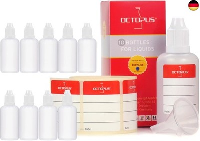 Octopus 10 x 50 ml Liquidflaschen mit Trichter + Etiketten, Plastikflaschen aus