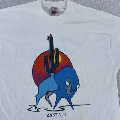 Vintage Santa Fe NM Shirt M/L White Southwest Buffalo Cactus Fred Imus 90s USA
