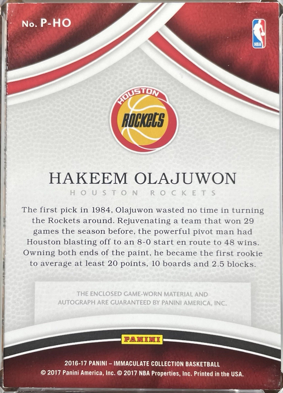 2016 Panini Immaculate Hakeem Olajuwon Game Used Patch Autograph HOF Auto /19 view 2