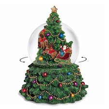 CHRISTMAS TREE MUSICAL SNOW GLOBE WITH ROTATING SANTA IN SLEIGH AND REINDEER