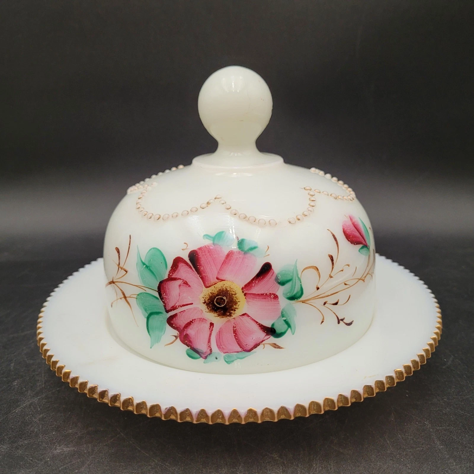 Antique Heisey Milk Glass Butter Cheese Dish Hand Painted Floral Gold Gilt Trim