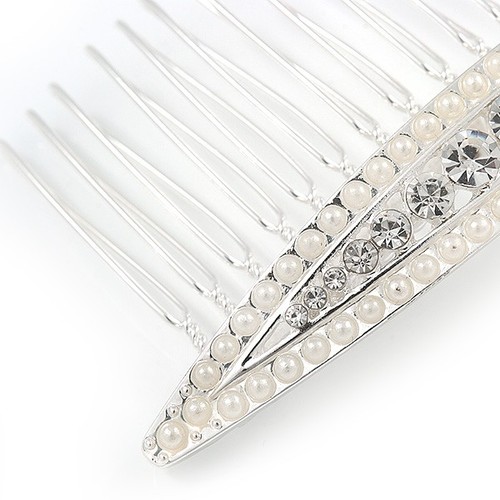 Bridal/ Wedding/ Prom/ Party Silver Plated Clear Crystal, Cream Faux Pearl Hair - 第 3/4 張圖片